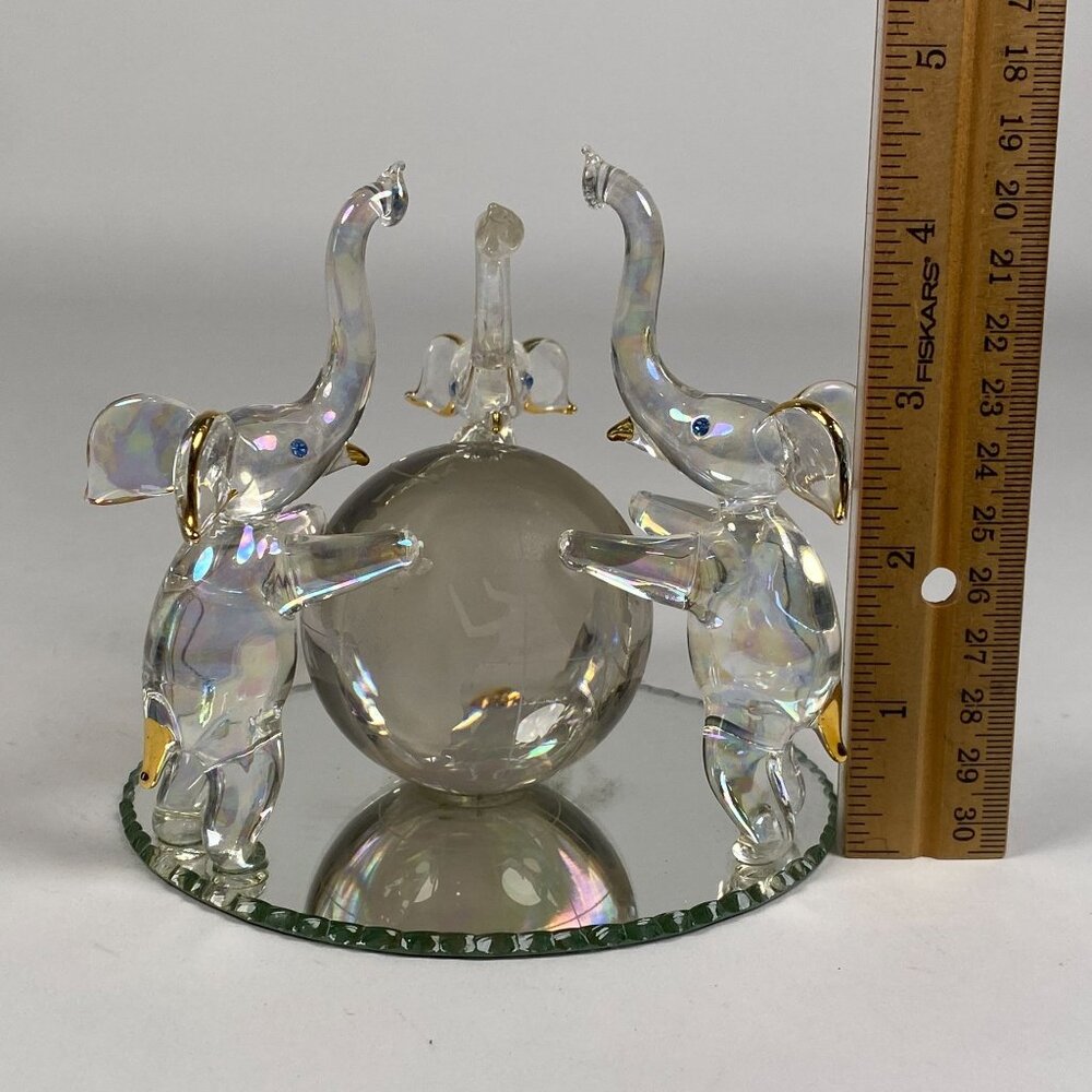 3 Hand Blown Glass Elephants on Globe Figurine Blue Rhinestone Eyes Mirror Base - Picture 10 of 11